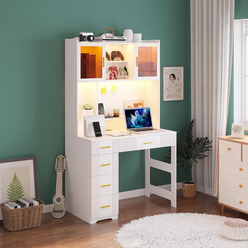 Computer Desk with Hutch and LED Lighting, White