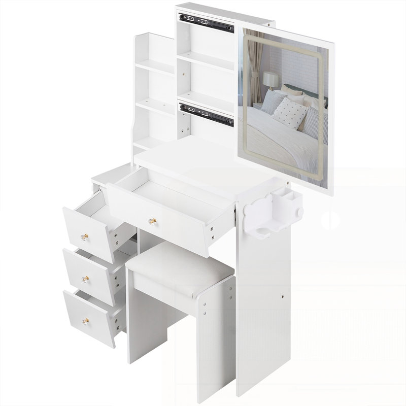 Petit meuble-lavabo 29,2 po à DEL avec tabouret, White