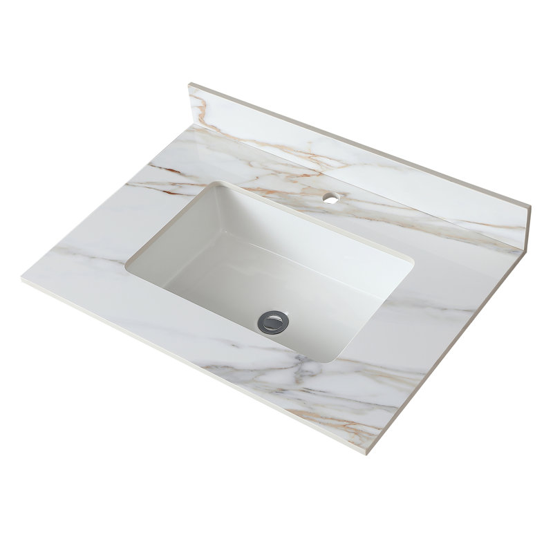 Plateau de meuble-lavabo en marbre 31 po avec lavabo encastré rectangulaire, dosseret de 4 po et trou de robinet pré-percé, blanc de Carrare | Gift Idea