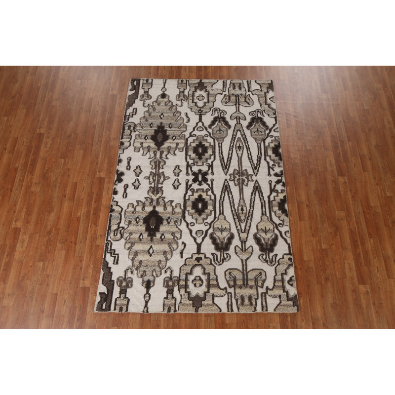Tapis beige / brun en laine noué à la main de conception unique 5 pi 2 po x 7 pi 11 po