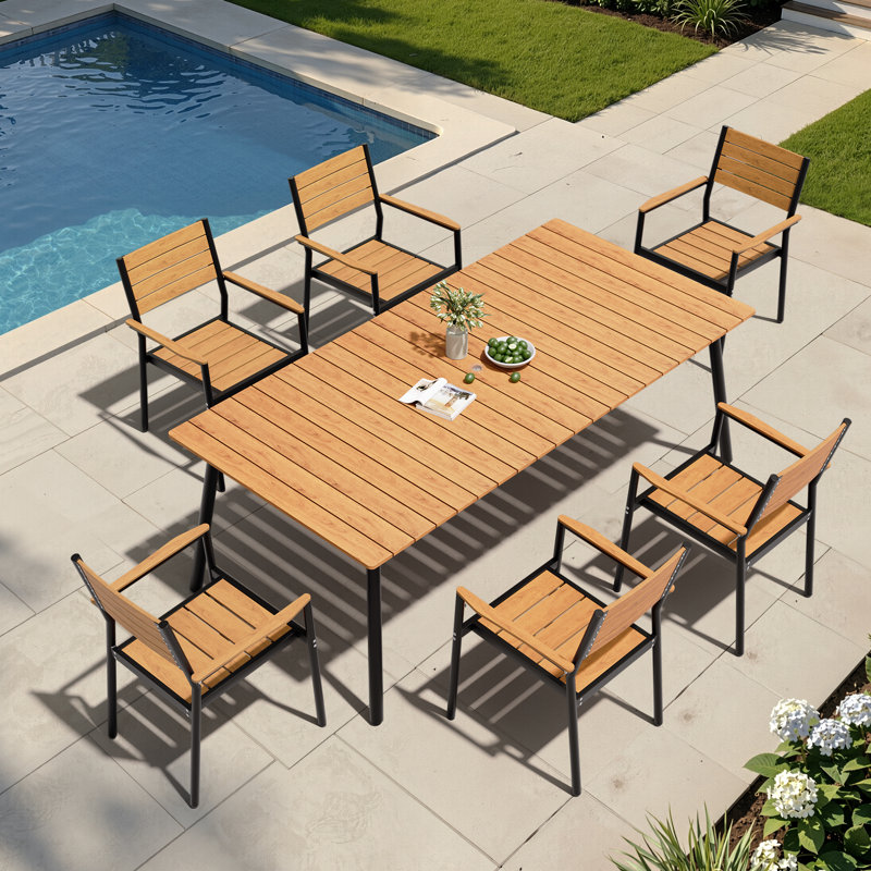 Currington 6 - Person Metal Patio Dining Set with Rectangular Table, Brown/Black