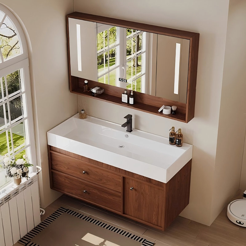 35.83"Solid + Manufactured Wood Bathroom Washbasin Vanity With a Mirror Cabinet, 36"