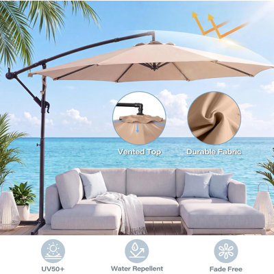 Parasol déporté de 3 m (10 pi), parasol suspendu d'extérieur à inclinaison réglable avec toile imperméable pour piscine, jardin et terrasse.