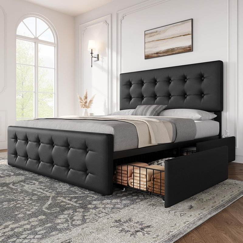 Bed Frame With Headboard And 4 Storage Drawers, Platform Bed Frame Square Stitched Button Tufted, Black, Queen