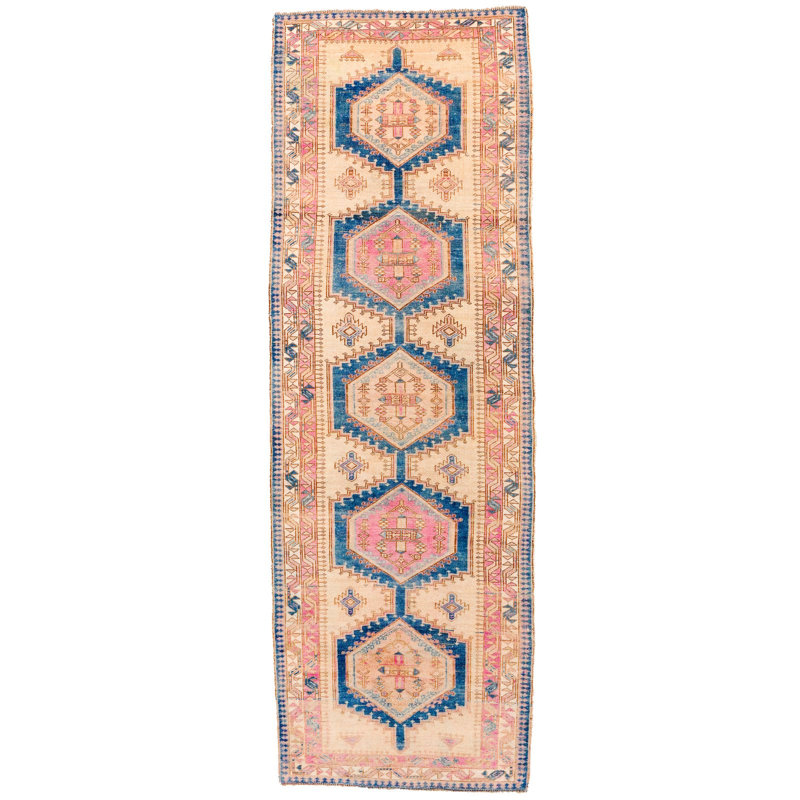Tapis bleu marine / rose unique de 3 pi 7 po x 10 pi 11 po