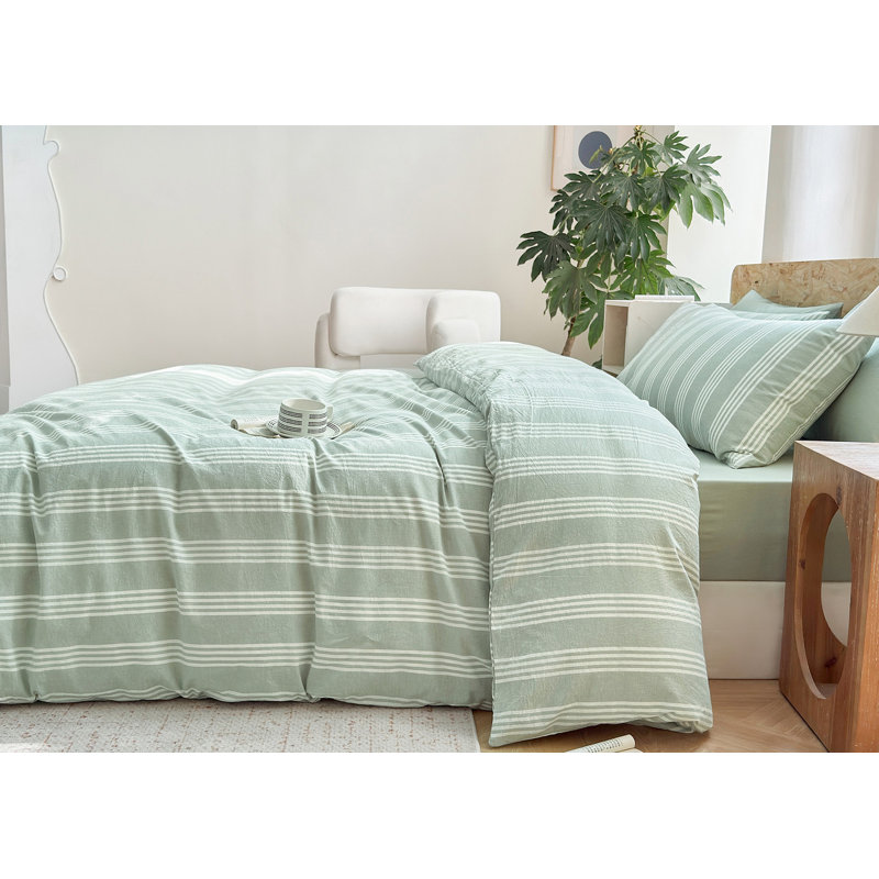 Ensemble de housse de couette rayé 100% coton délavé 3 pièces DONEUS, Housse de couette grand et 2 taies d'oreiller stan