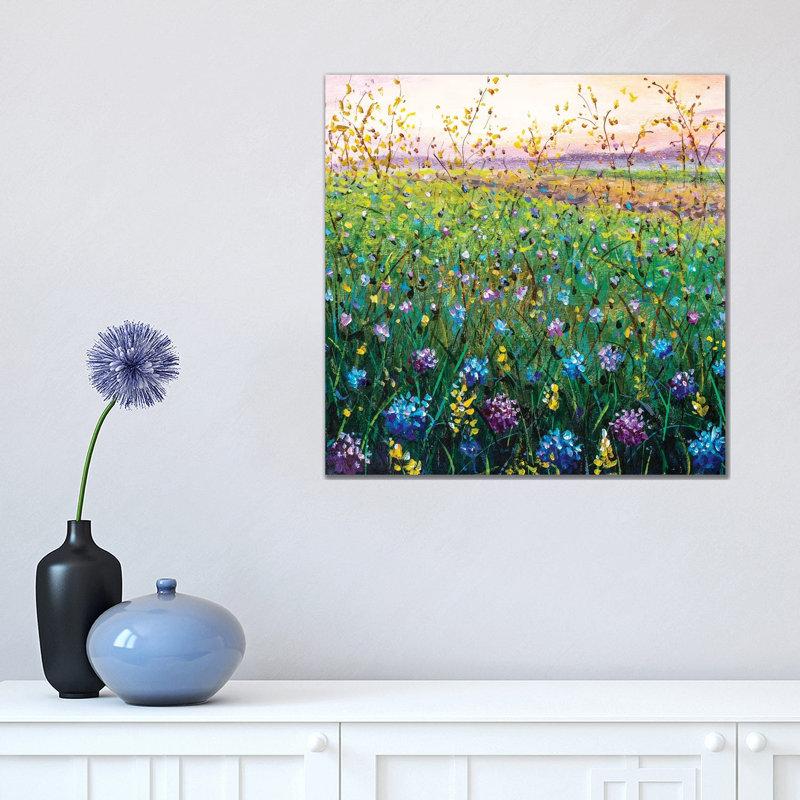 Beautiful Field Flowers On Sunset by Valery Rybakow - Painting on Canvas, 45.72cm H x 45.72cm W x 3.81cm D, Wrapped Canvas