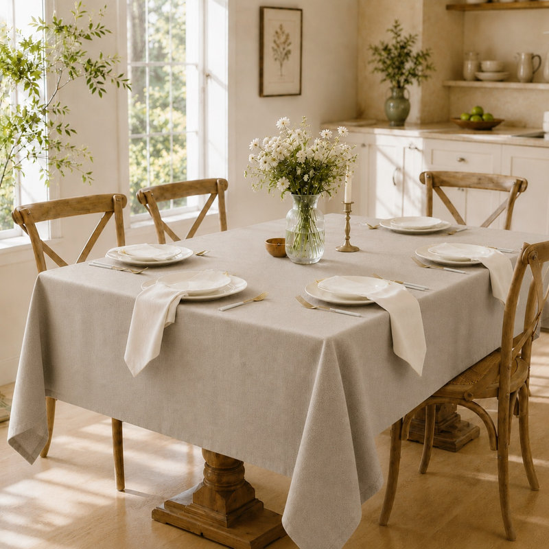 Nappe rectangulaire en lin épais et texturé, Beige, 102" L x 60" W