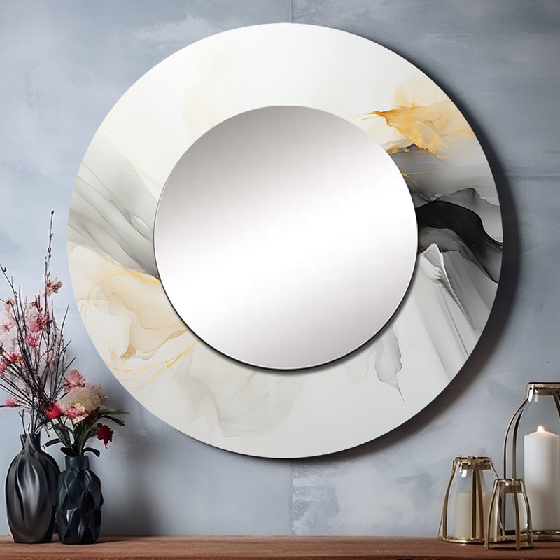 Jaune gris minimaliste, abstraction tranquille - miroir mural unique minimaliste, miroir rond jaune, impression d'art en métal