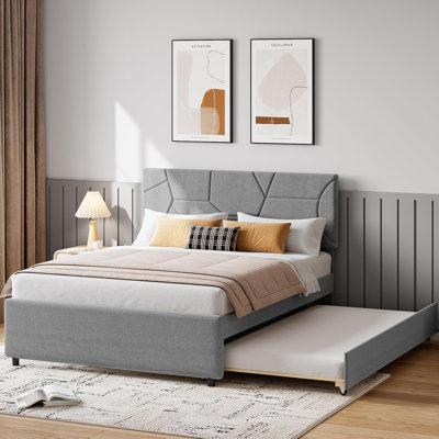Queen Size Bed Frame with Trundle, Upholstered Platform Bed Frame with Headboard, Trundle Bed Twin, Wood Slat Support, for Bedroom, Living Room, Guest Room
