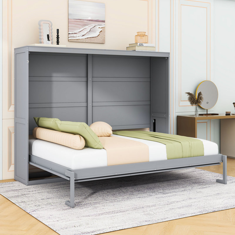 Budhan Wooden Murphy Bed Wall Bed, Gray, Queen
