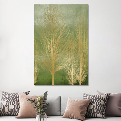 Gold Trees On Green Panel II by Kate Bennett - Wrapped Canvas Painting