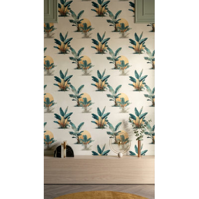 Papier peint botanique tropical avec feuilles de bananier et fond crème