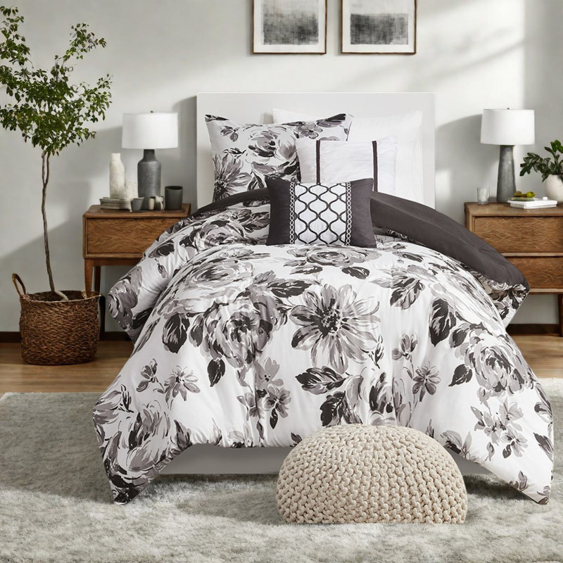 Luxury Floral Bedding Sets, Ultra-soft Polyester Comforter, Elegant Black & White Design For Twin Xl Beds