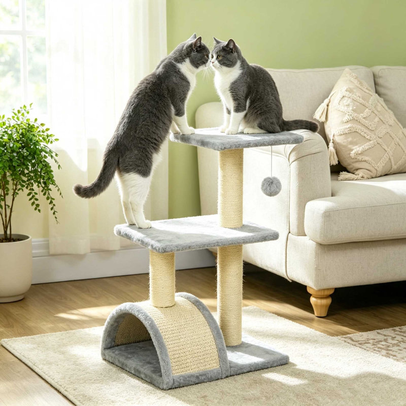 Cat Tree 72?cm Kitten Activity Centre with Sisal Scratching Post, Scratching Pad & Hanging Toy Ball, Cream, Light Grey