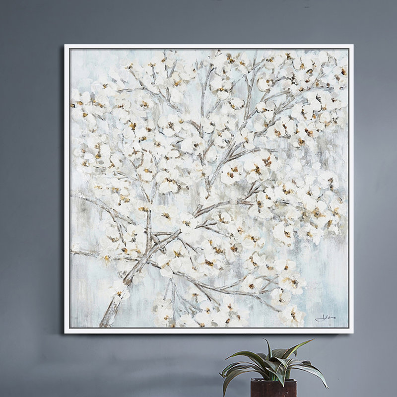 «White Flower Tree» - Cadre flottant, reproduction d'art sur toile