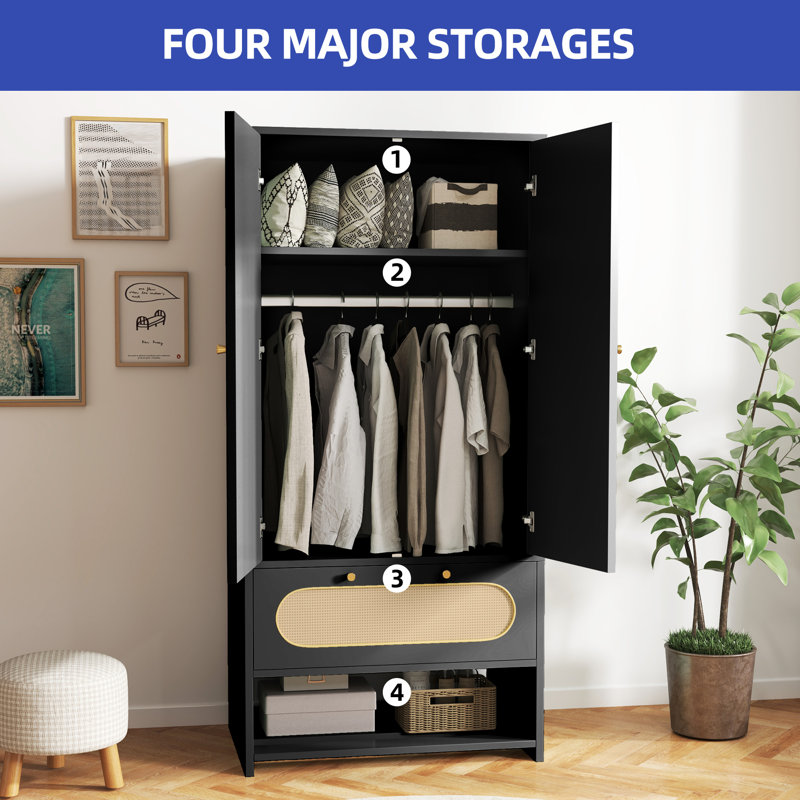 Black and Natural Rattan Armoire Closet with Doors and Drawer