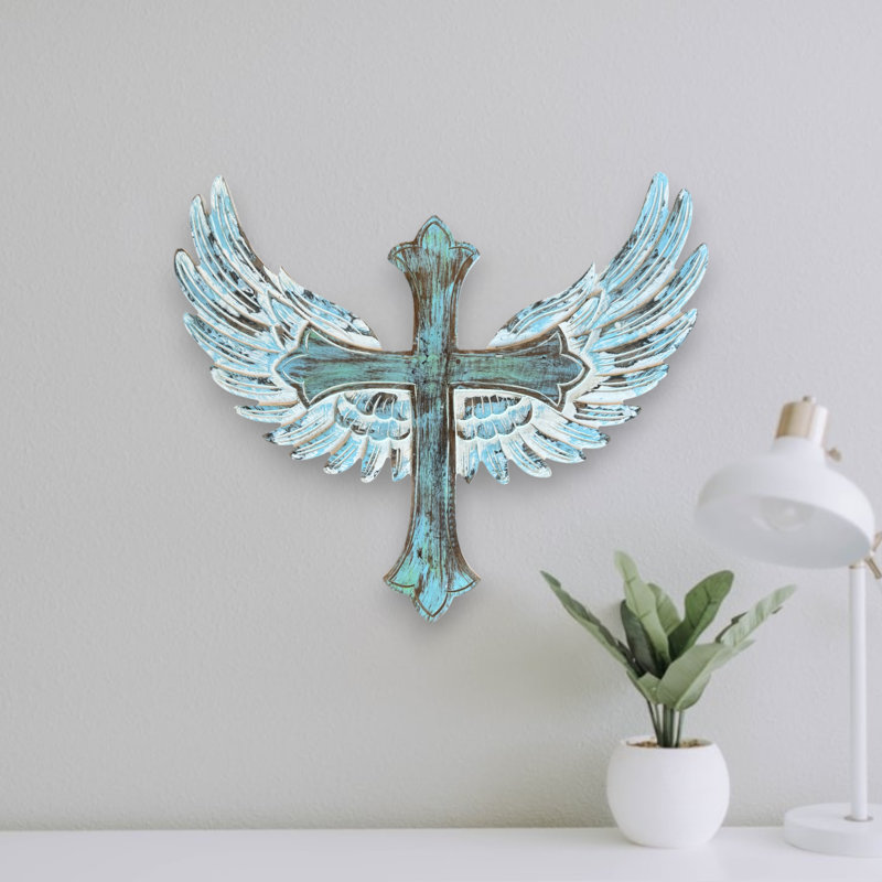 Ailes d'ange Uriel croix murale blanc antique vert-de-gris