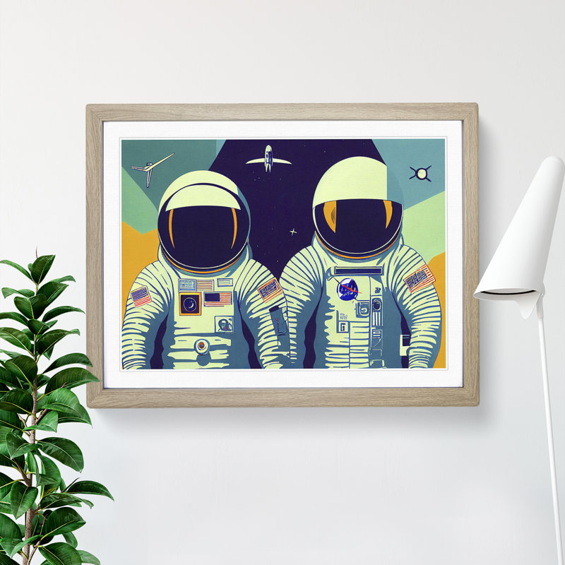 Two Retro Astronauts Vol.1 1 Piece Single Picture Frame Wall Art, 34cm H x 46cm W x 2cm D, Oak