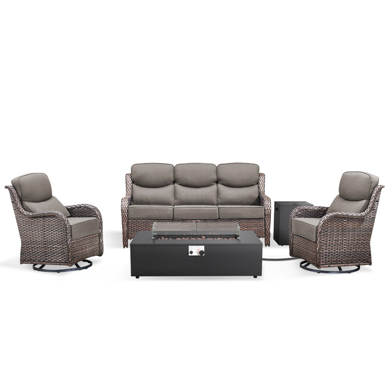 Bruner 4-Piece Wicker Rattan Patio Fire Pit Table Conversation Set With Swivel Gliders