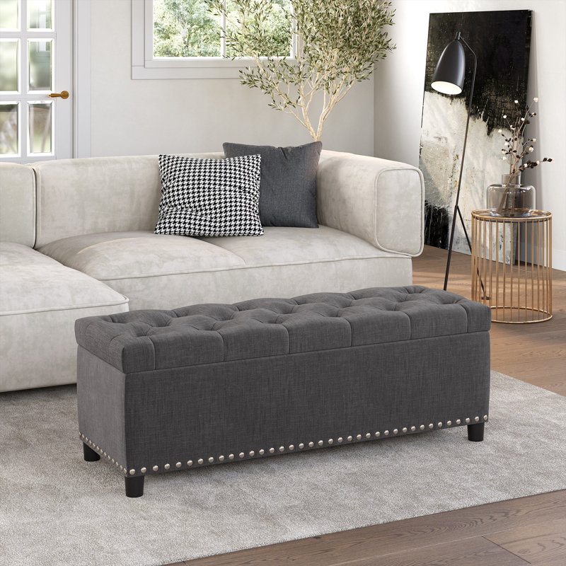 Repose-pieds de rangement rectangulaire capitonné de 46,9 po de largeur, Tissu gris foncé, Noir