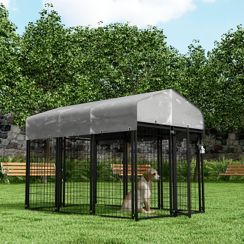 Heavy Duty Black Metal Outdoor Dog Kennel with Gray Waterproof Canopy