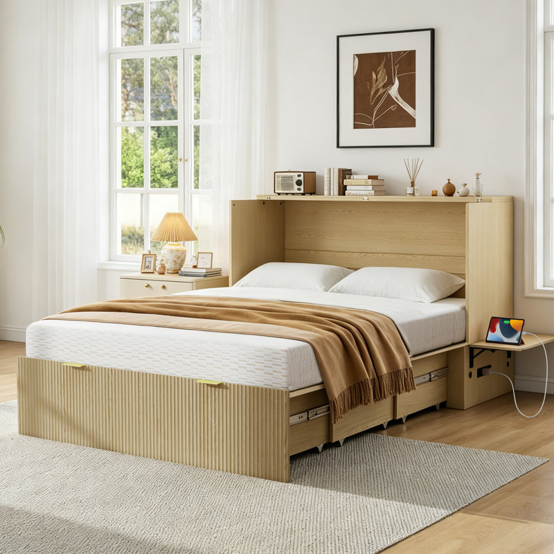 Muuegm Queen Murphy Bed Cabinet, Mid-Century Modern Foldable Wall Bed with Charging Station, Queen