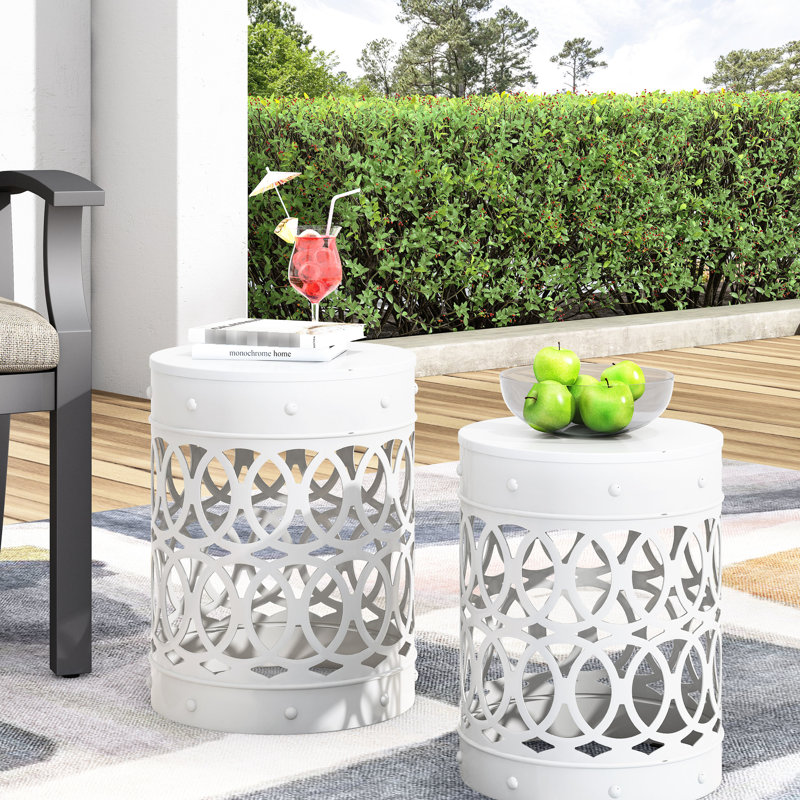 Élégante paire de tables de bout en métal pour l'extérieur S / 2, blanc, conception en fer, structure thermolaquée, sans assemblage