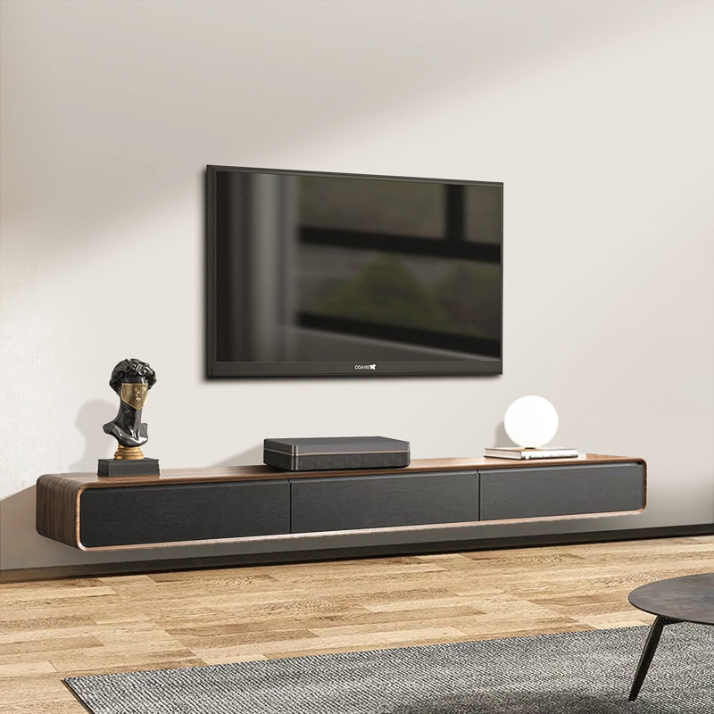 Fully Assembled 80" Handmade Floating TV Stand，Modern Wall-mounted Media Center with Flip-up Storage，Soft-close Doors，Solid Walnut Wood Veneer Finish