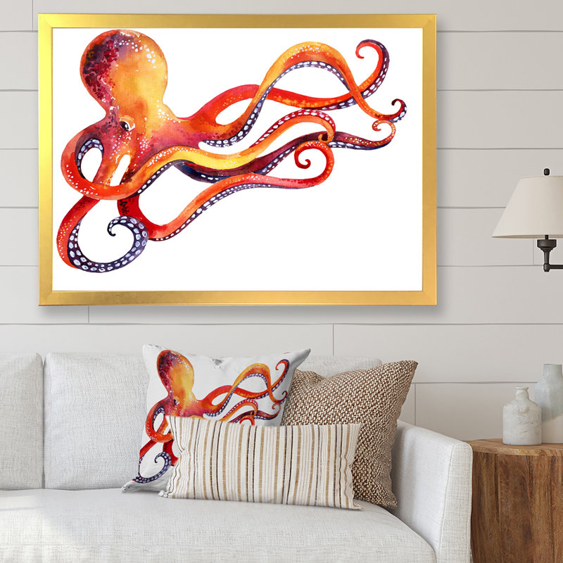 Pieuvre orange - œuvre d'art traditionnelle sur toile, H 40 po x l 30 po x P 1,5 po, Cadre photo doré