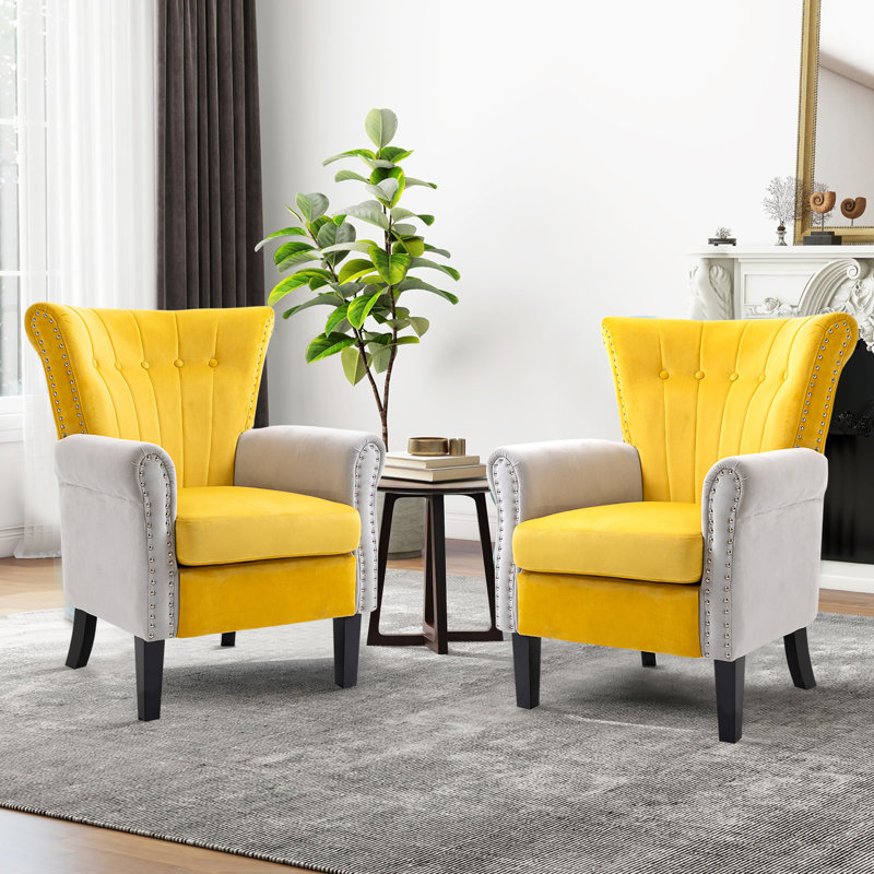 Velvet Accent Chair Upholstered Tufted Wingback With Nailhead Around For Room(Set Of 2), Yellow Gray Velvet
