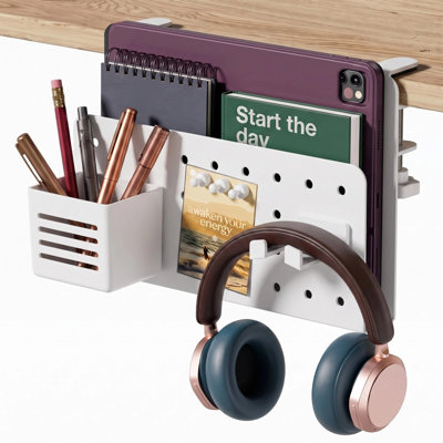 Adjustable Desk Side Storage Organizer, White Carbon Steel Clamp-On Desktop Holder for Laptops, Tablets, Notebooks and Office Supplies, Fits Flat-Edge Desks 0.4"–2.2" Thick