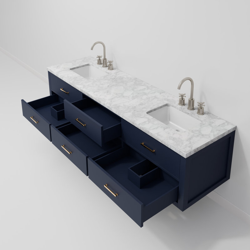 80" Wall-Mounted Double Bathroom Vanity Set, Blue, White Carrara Marble