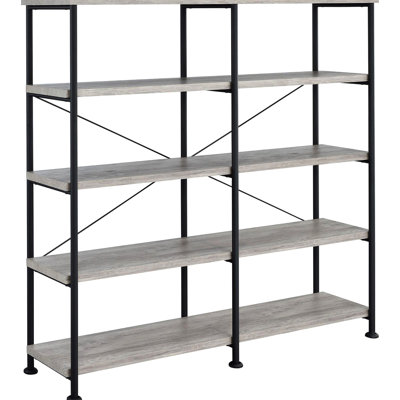 Bibliothèque à 4 tablettes en bois flotté gris rustique et noir, mobilier de bureau, bibliothèque en métal noir, charme, 4 tablettes,