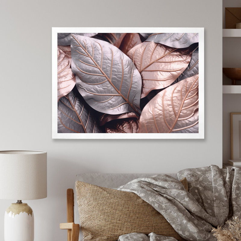 «Gold Pink Leafs Harmony I» sur toile, H 30 po x l 40 po x P 1,5 po, Cadre photo blanc