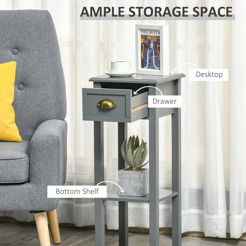 Gray Wooden Narrow End Table with Drawer and Shelf