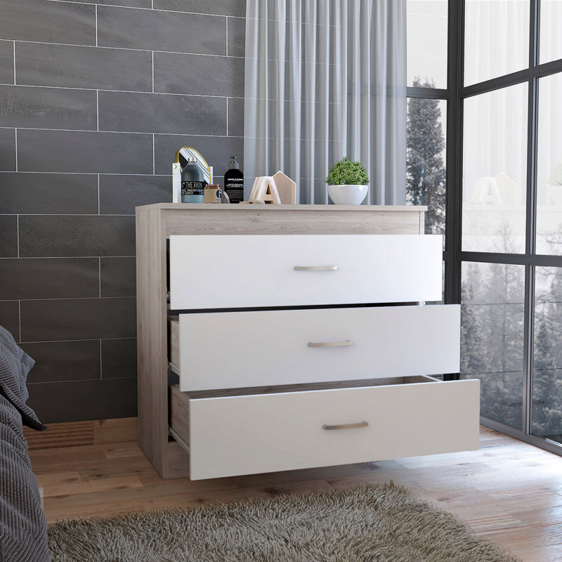Commode à trois tiroirs, plateau supérieur, quincaillerie en métal - gris clair / blanc, Blanc