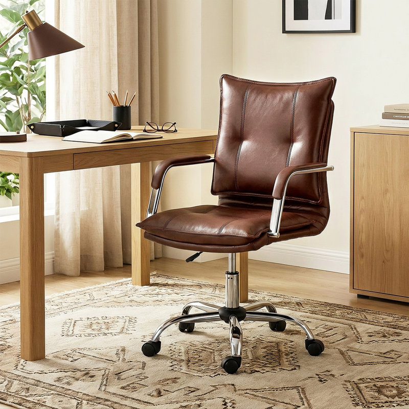  Chaise de bureau pivotante en similicuir de 22,2 po avec dossier capitonné Lundgren, Brun
