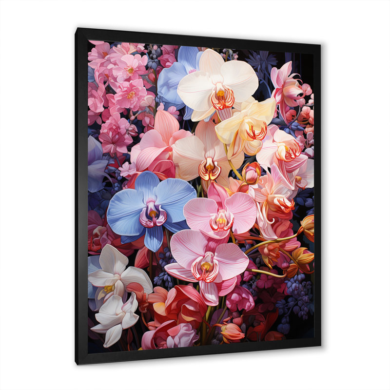 Orchidées roses et blanches sur fond blanc, H 40 po x l 30 po x P 1,5 po, Cadre photo noir
