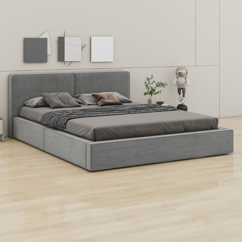 Upholstered Platform Bed With Solid Frame, Gray