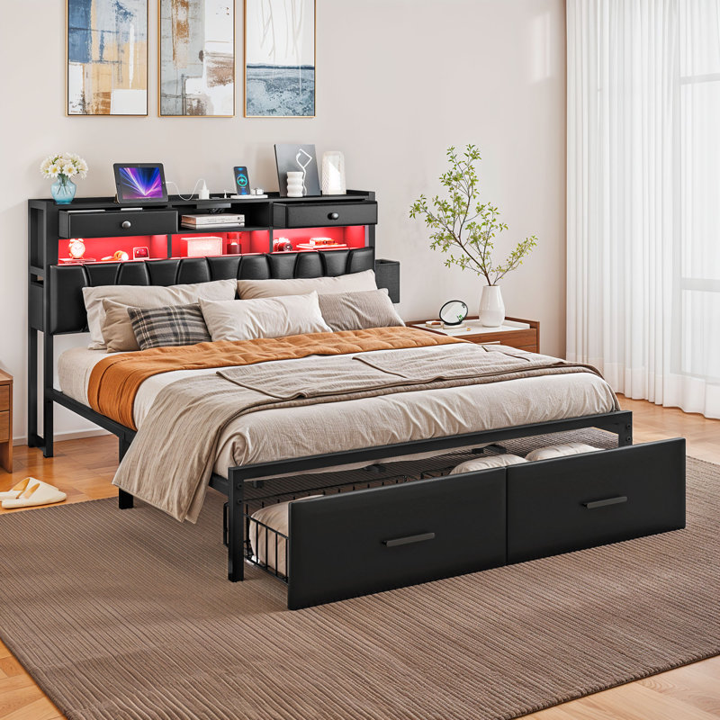 Upholstered Storage Bed With 2 Storage Drawers, LED Headboard & Charging Station, Queen