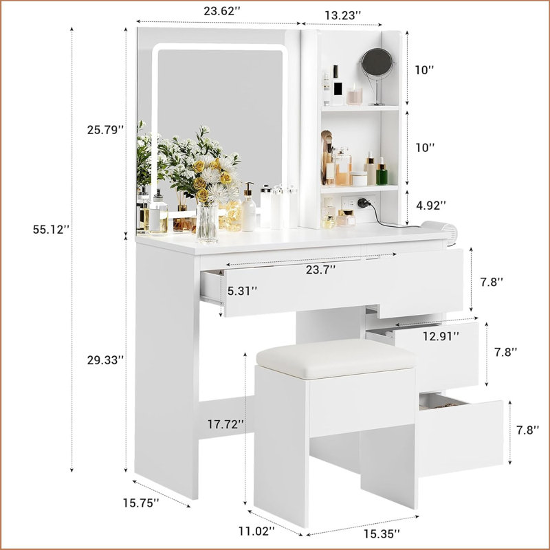 Dressing Table with Mirror, White