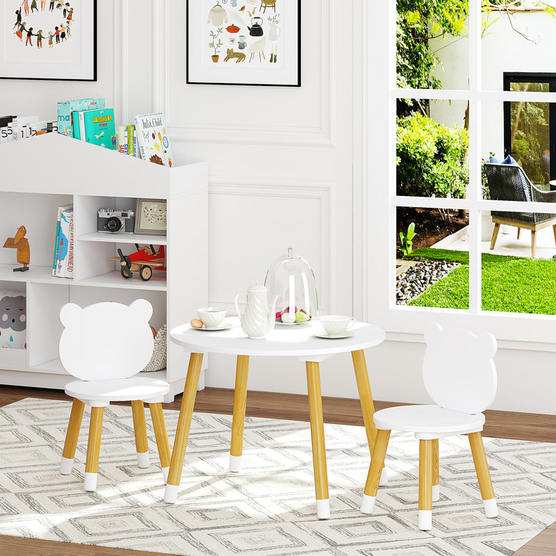 White Wooden Kids Round Table with Bear Chairs, 3-Piece Set