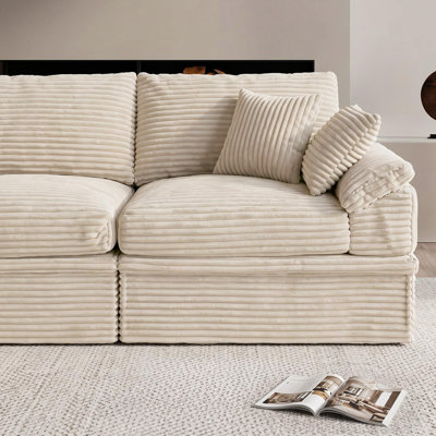 Beige 3-Seat Ribbed Upholstered Sofa with Ottoman