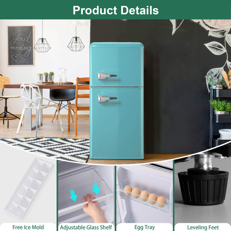 Mini réfrigérateur 3,5 pi³ rétro avec congélateur, conception à 2 portes, thermostat réglable (-0,4 ° F à 46 ° F), tablettes en verre amovibles et plateau à œufs, économie d'énergie pour la chambre / bureau / dortoir