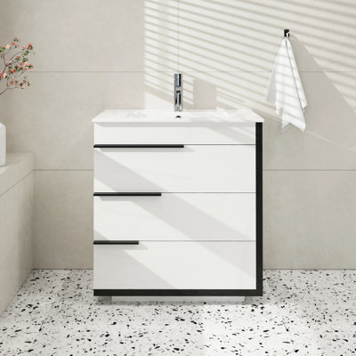 Meuble-lavabo autoportant moderne de 30 po avec lavabo en céramique, 3 tiroirs à fermeture en douceur, finition contrastée blanche et noire, poignées en métal artistiques personnalisables, armoire en MDF (sans lavabo)