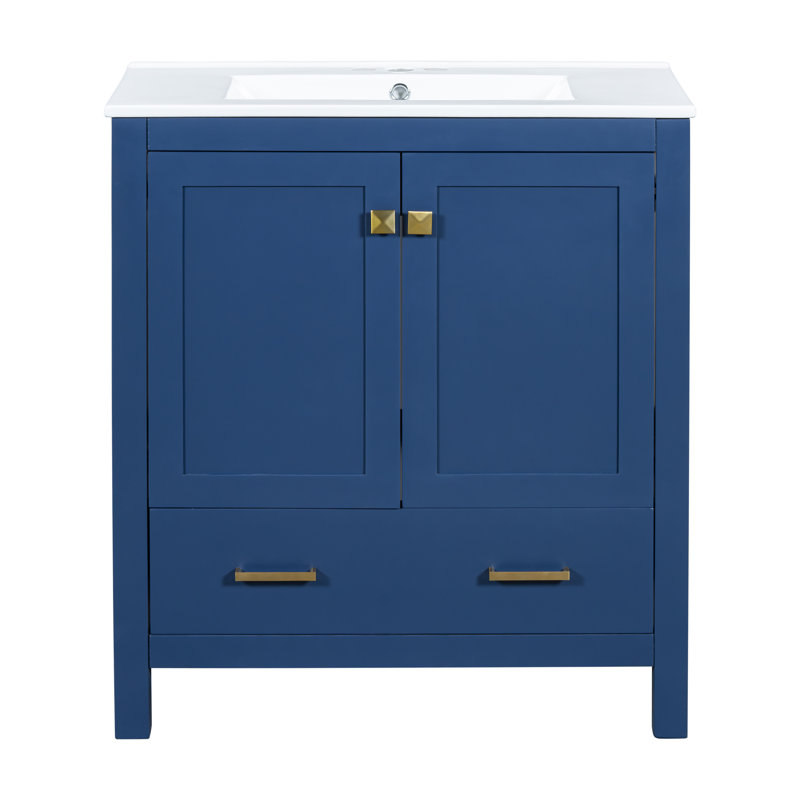 Meuble-lavabo simple Nebo avec plateau en céramique, Marine, Doré, 30"