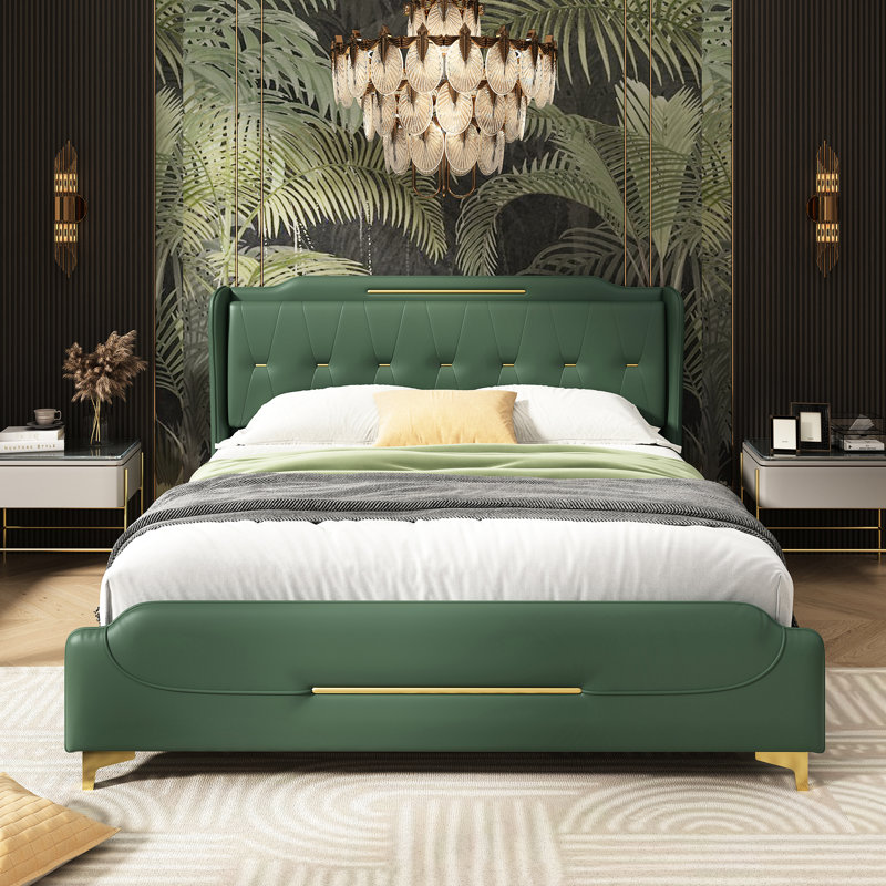 Queen Size Pu Platform Bed Frame With Wingback Headboard & , Comfortable To Lean , Easy Clean, Construction, Gold Metal Ornament Leather Upholstered No Spring Box Required, 4 Inches Underbed For