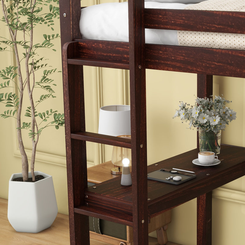 High Loft Bed, Rubber Wood Loft Bed with Safety Guardrail, built-in desk, ladder, Espresso