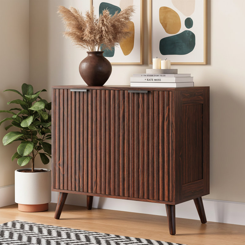 Buffet 32 "de large en noyer avec portes cannelées et tablettes réglables, crédence moderne noyer, Noyer